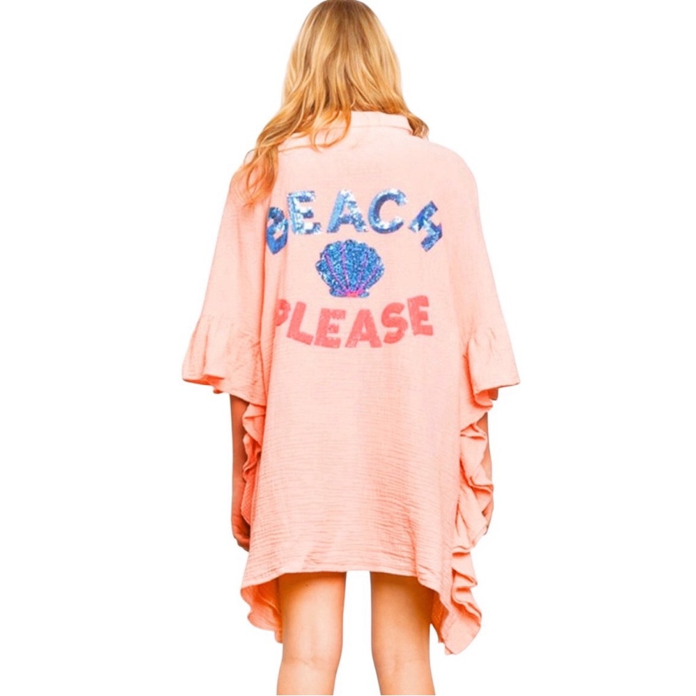 NEW Bluevelvet Salmon Hot Pink “Beach Please” Blue Clam Shell Coverup Dress - Picture 2 of 5